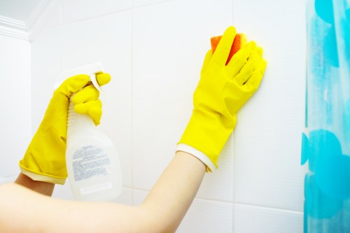 Cleaning technician reviewing service details before starting carpet cleaning