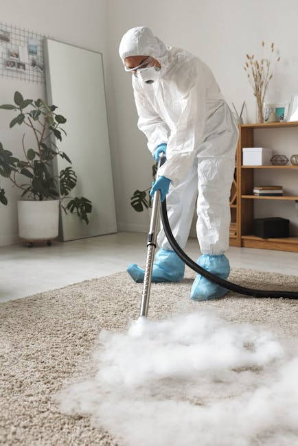 A professional in full protective gear, including a white coverall, face mask, gloves, and shoe covers, performing deep steam cleaning on a beige carpet in a modern, well-lit living room. The room features a wooden bookshelf with decorative items, a tall potted plant, a large mirror, and light-colored walls with minimal decor. The carpet appears freshly cleaned, with visible steam rather than dirt or debris, indicating thorough sanitisation by [COMPANY_NAME]. The cleaning process shows a focus on surface cleaning and hygiene maintenance, suitable for emergency carpet cleaning needs near Bond Street station, Mayfair, with attention to detail in a domestic setting. Natural light fills the room, highlighting the cleanliness and freshness of the carpet surface, reflecting professional deep cleaning services offered by [COMPANY_NAME].