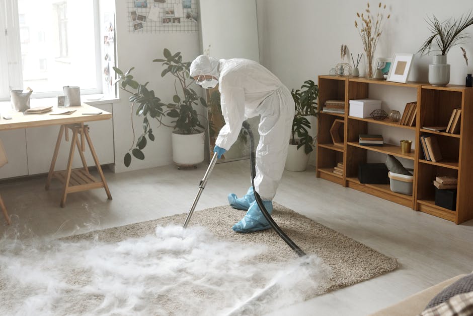 A professional cleaner dressed in a white protective suit, face shield, and blue gloves is using a steam cleaning machine on a beige carpet in a bright, modern living room. The room features natural light coming through large windows, with decorative plants in white pots on the floor and a wooden shelf filled with books, photo frames, and ornaments against the wall. The hardwood floor around the carpet is clean and shiny, and the space appears tidy and well-maintained. Visible tools include the steam cleaning machine and its hose, demonstrating thorough surface cleaning and sanitisation, fitting with the services offered by Carpet Cleaning Mayfair for emergency carpet cleaning near Bond Street station, Mayfair.